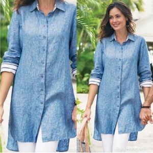 Soft Surroundings | 100% Linen Blue Button Up Tunic with Contrast Sleeve Size M